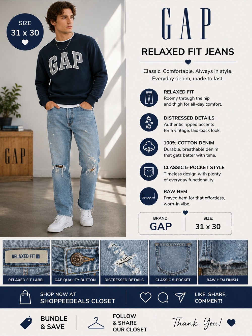 GAP Relaxed Fit Distressed Jeans – Size 31x30